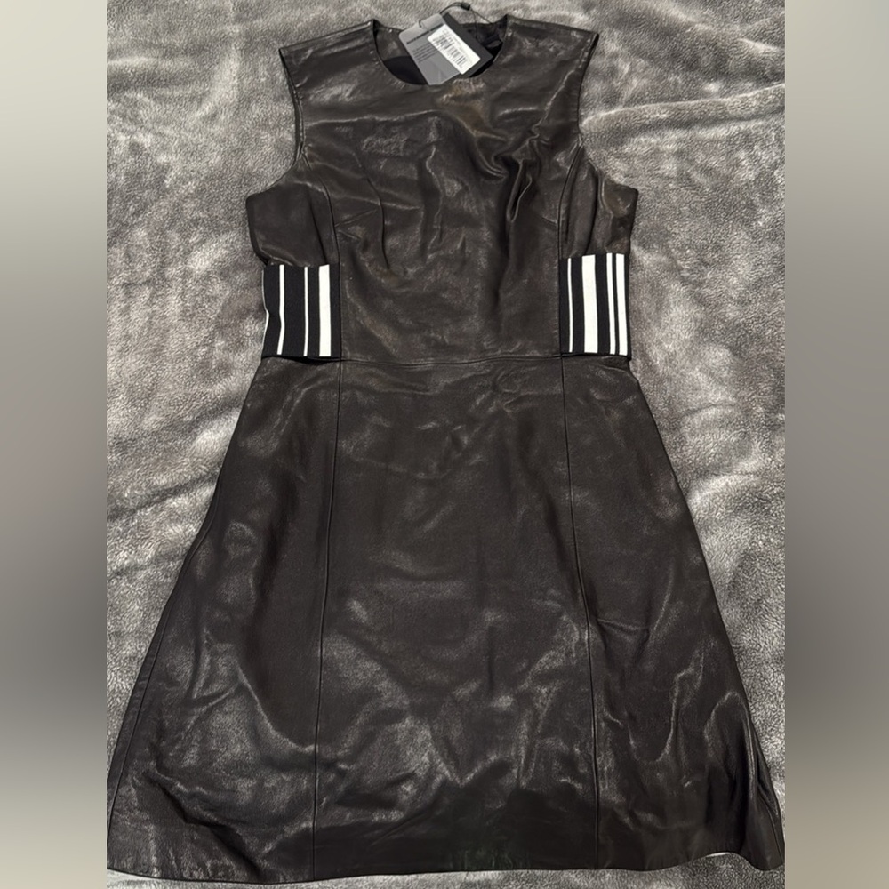 Alexander Wang Black Leather Mini Dress with Striped Accents